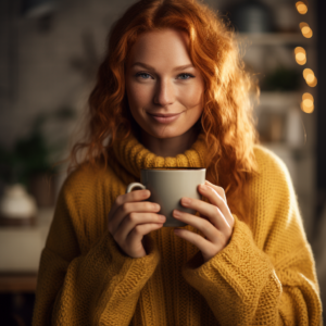 Frau trinkt eine warme Tasse Tee