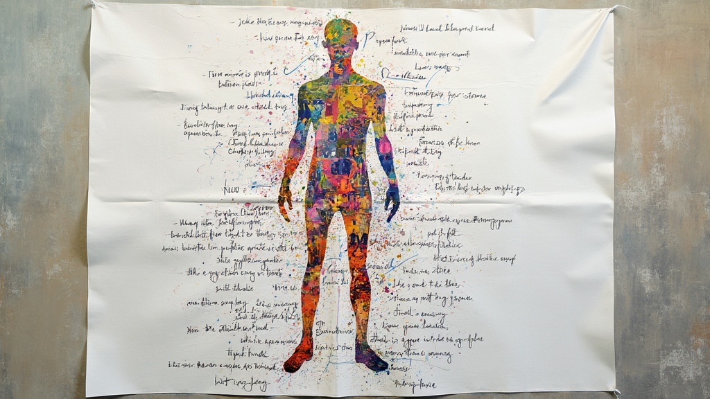 Life-size body map filled with colors, symbols, and words