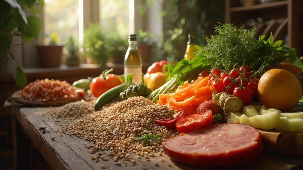 Colorful array of healthy foods on a wooden table