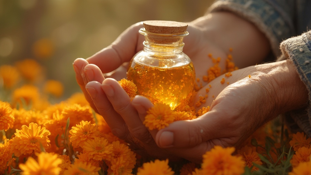 Calendula flowers and oil being applied to dry, cracked skin