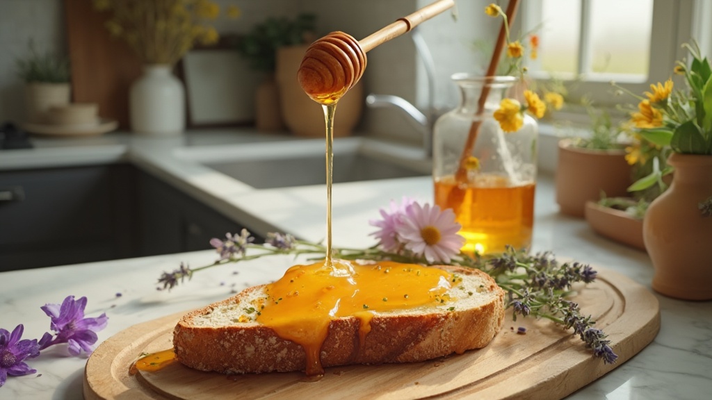 Local honey being drizzled onto toast