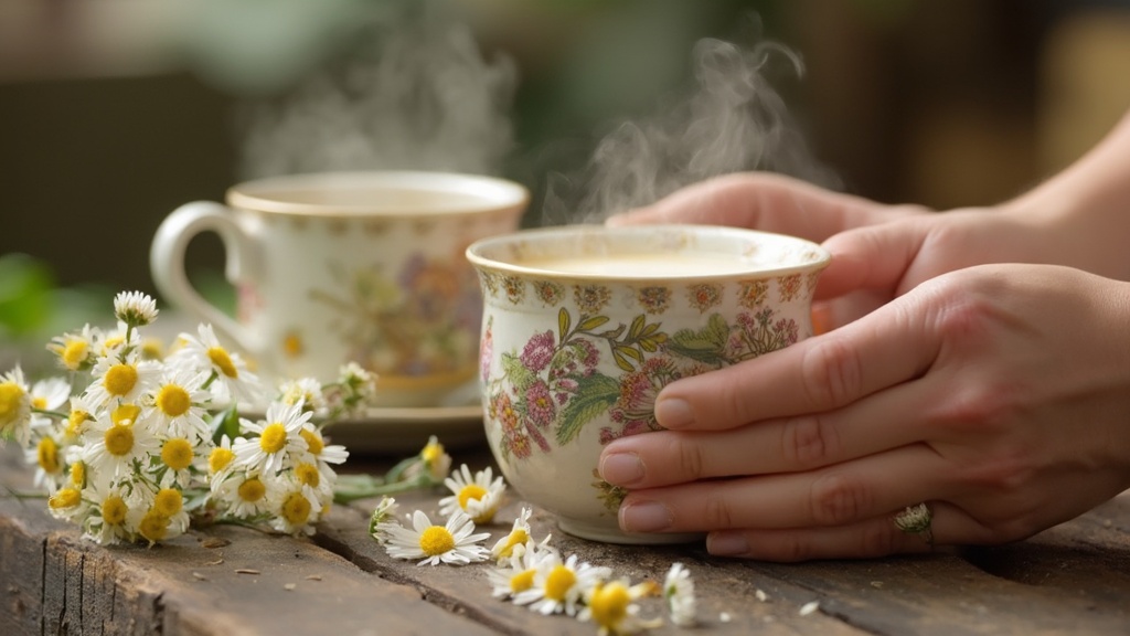 Chamomile tea, flowers, and cream being applied to skin