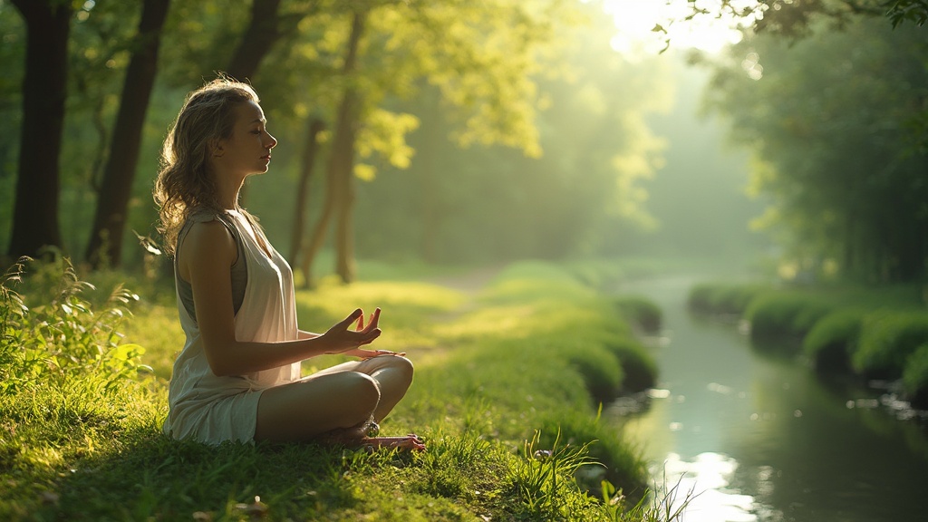 Person engaging in various stress management techniques like yoga and nature walks