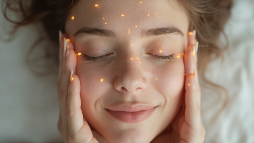 Hands demonstrating acupressure points on a person's face