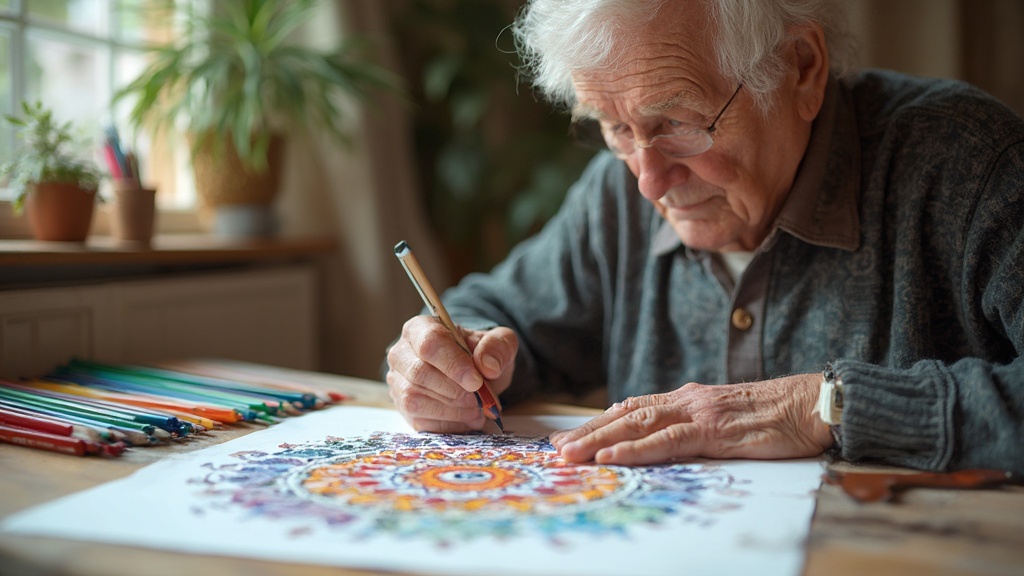 7 ejercicios de arteterapia para personas jubiladas 4 Persona anciana dibujando un mandala colorido
