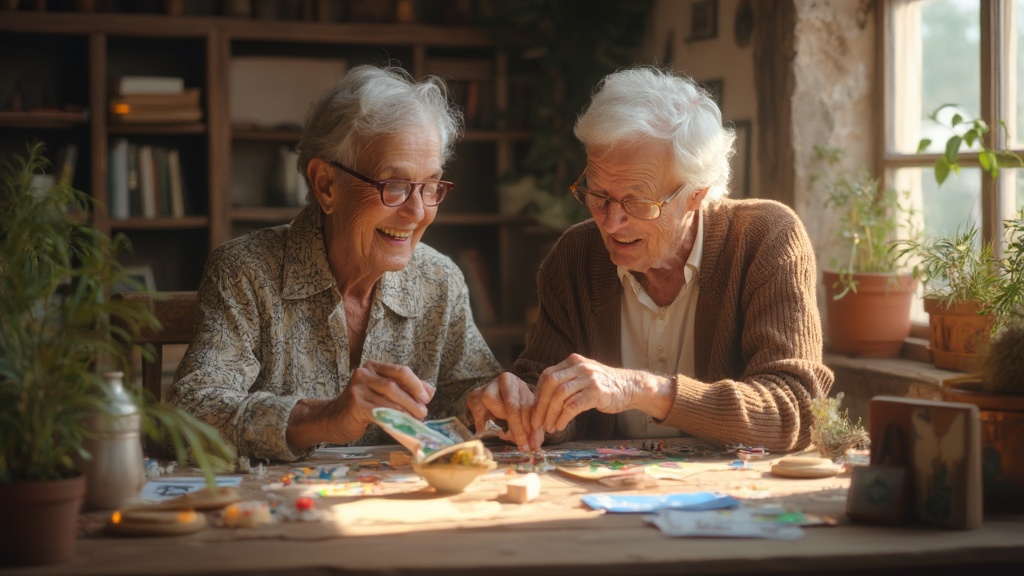 7 ejercicios de arteterapia para personas jubiladas 9 Pareja de adultos mayores creando una caja de recuerdos con fotos y recuerdos