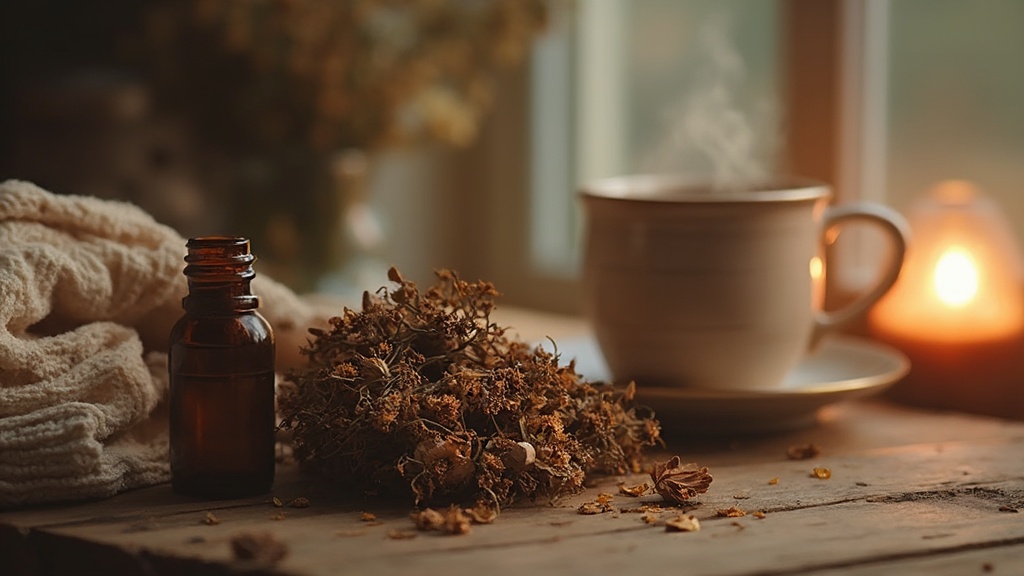 Dried valerian root and essential oil bottle