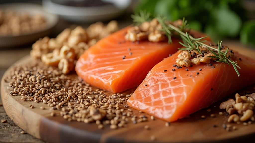 6 consejos dietéticos para la salud ocular: nutrición y bienestar visual 3 Alimentos ricos en omega-3 dispuestos sobre una tabla de cortar