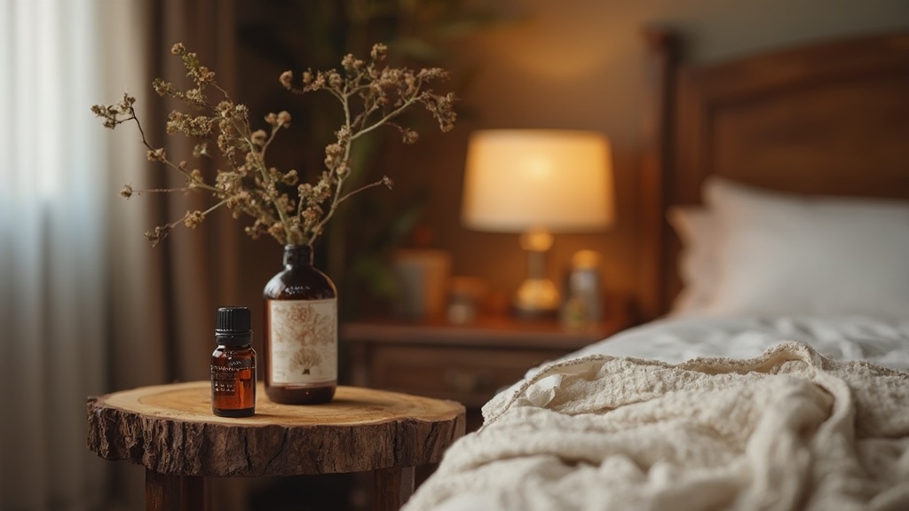 Cedarwood and essential oil bottle in bedroom setting