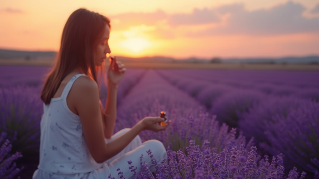 Lavender field, essential oil bottle, and person applying oil