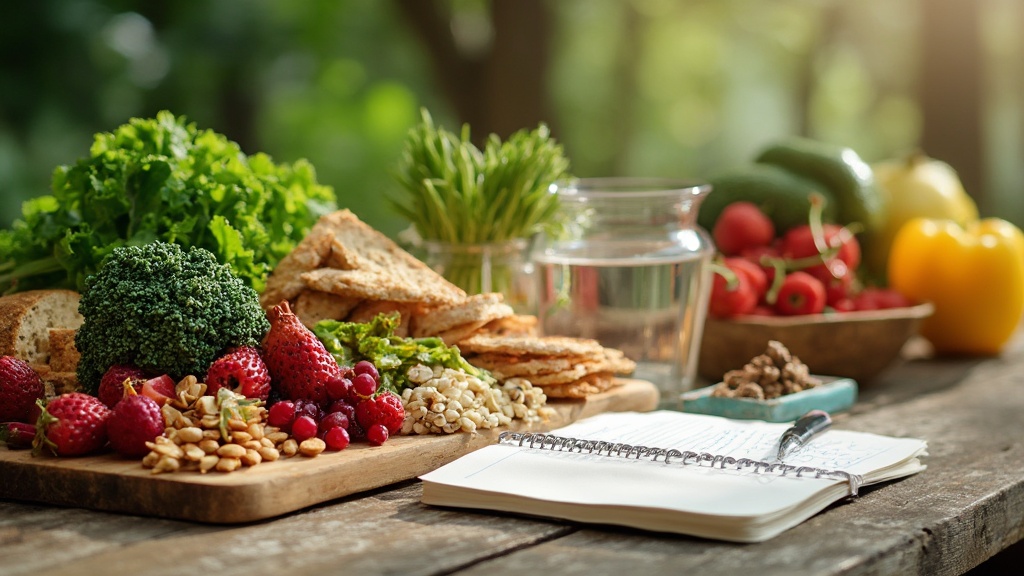 Array of headache-friendly foods with water and food journal