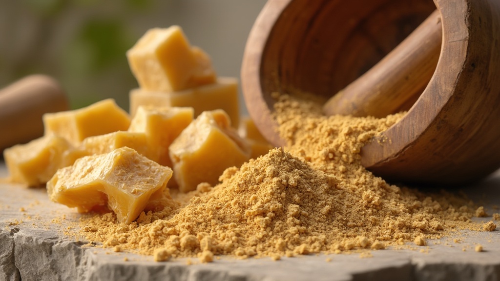 Boswellia tree resin, extract powder, and traditional Ayurvedic tools