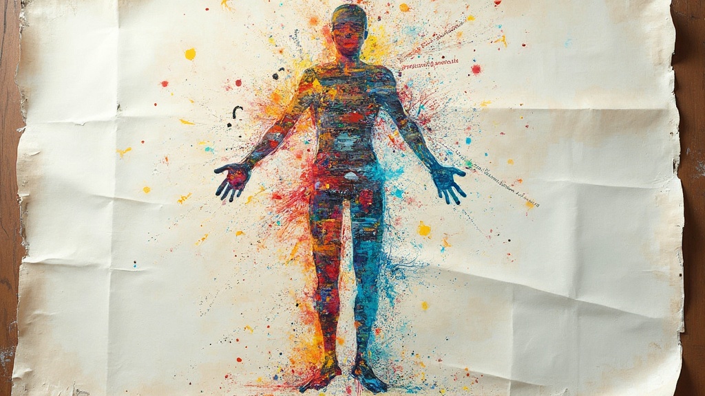 Body map filled with colors and symbols representing emotions