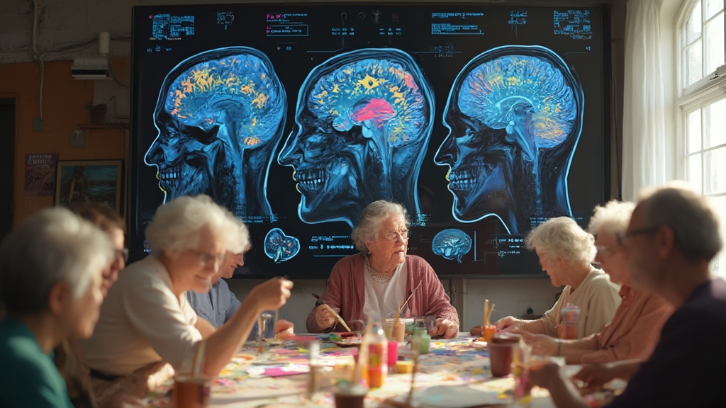 Imagen dividida de un escáner cerebral y adultos mayores realizando actividades artísticas