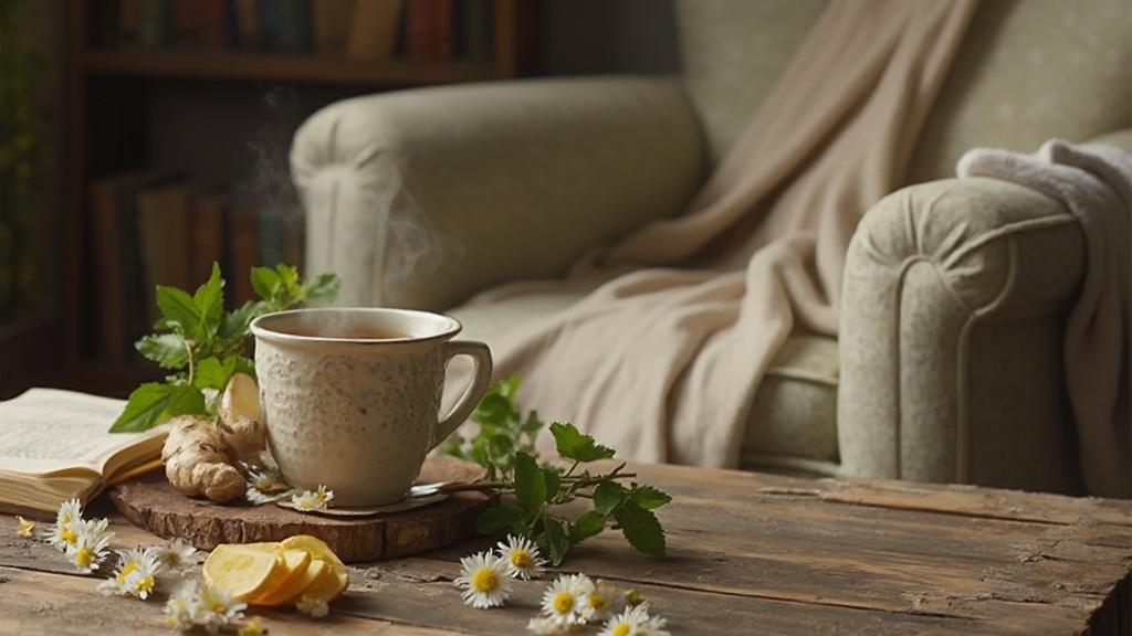 A cup of herbal tea with fresh ingredients for headache relief