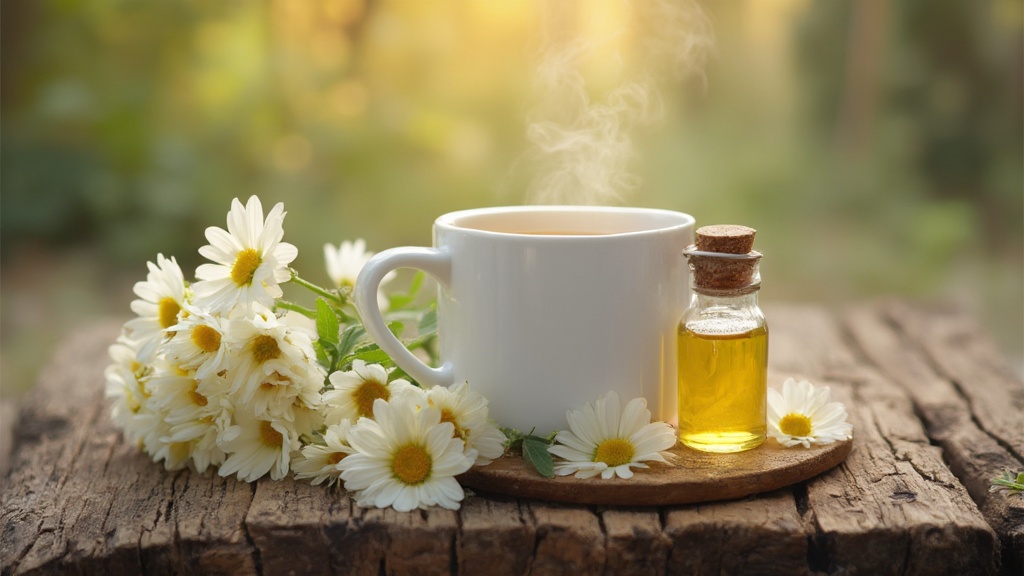 Chamomile tea, flowers, and essential oil