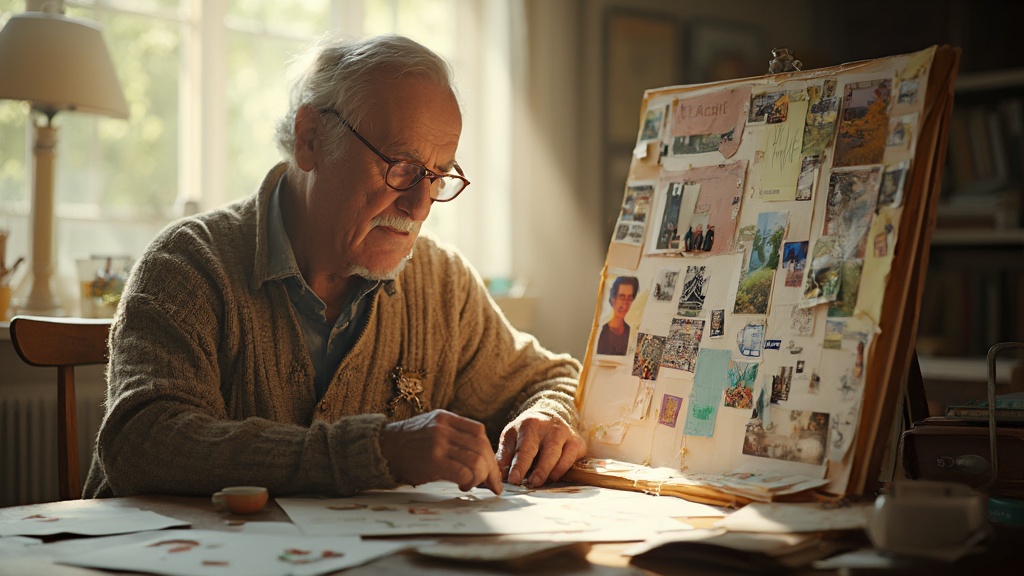 7 ejercicios de arteterapia para personas jubiladas 6 Hombre anciano creando un collage de reflexión de vida
