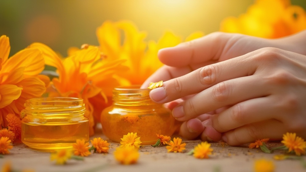 Calendula flowers, infused oil, and person applying to face