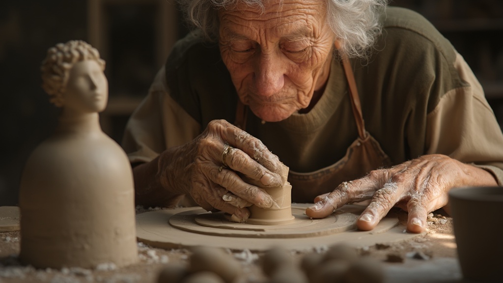 7 ejercicios de arteterapia para personas jubiladas 7 Persona anciana esculpiendo en arcilla con los ojos cerrados