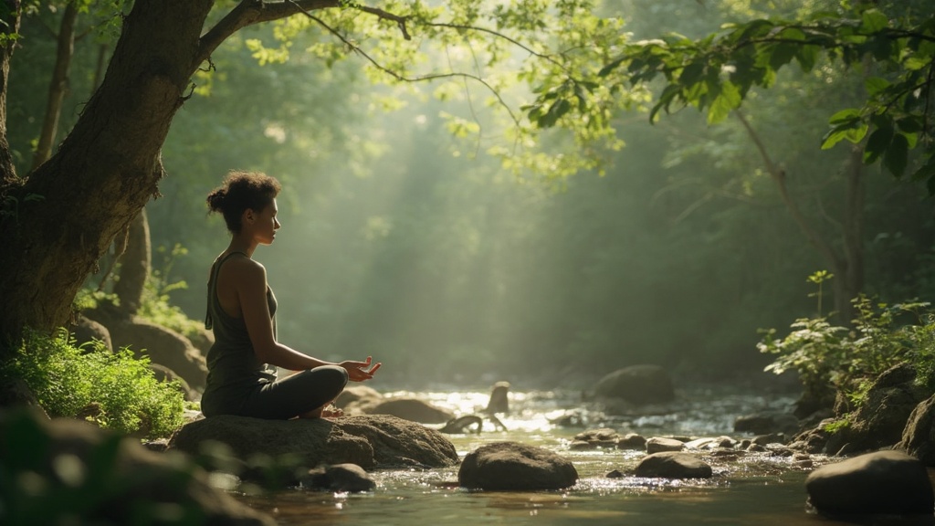 Person meditating in a natural setting, representing mindfulness and stress reduction