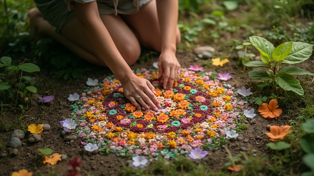 Person creating nature art mandala outdoors