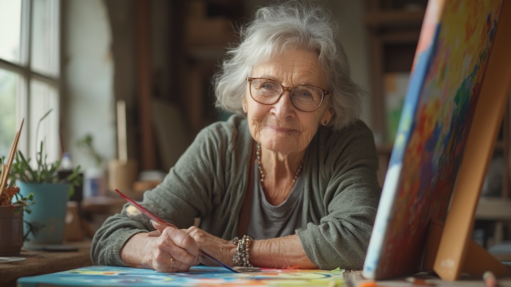 Persona anciana pintando felizmente en una sala luminosa llena de arte