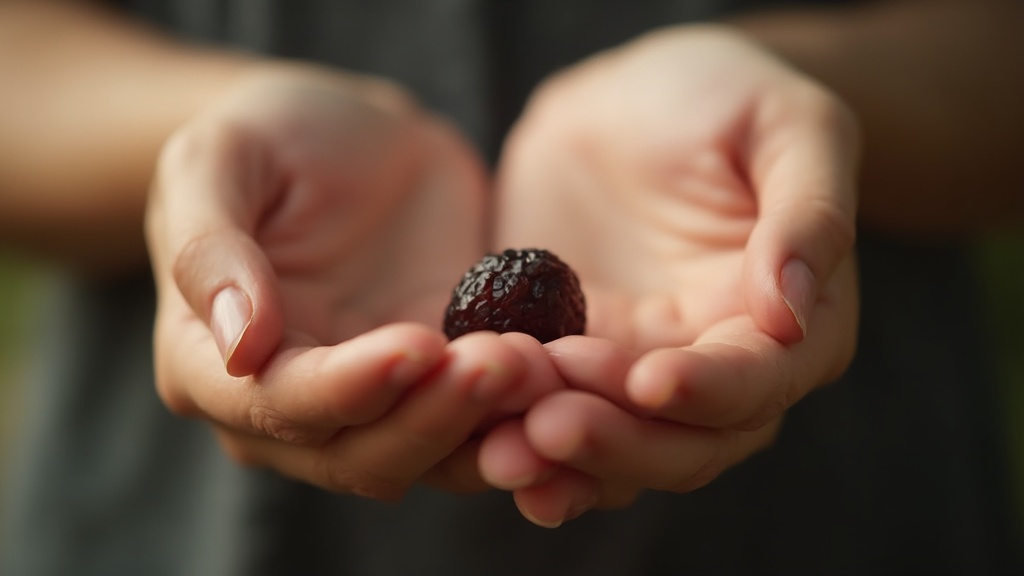 Hands holding a raisin for mindful eating meditation