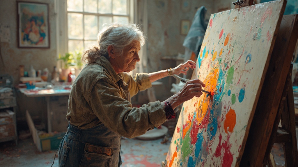7 ejercicios de arteterapia para personas jubiladas 5 Mujer anciana involucrada en pintura expresiva en un caballete
