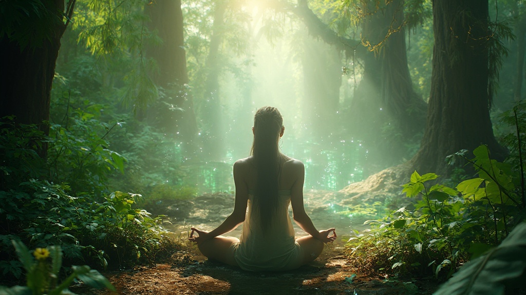 Person sitting in forest with energy connections to nature