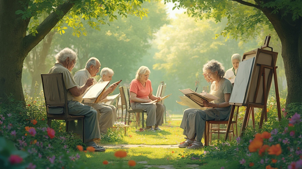 7 ejercicios de arteterapia para personas jubiladas 8 Grupo de personas mayores creando arte inspirado en la naturaleza en un jardín