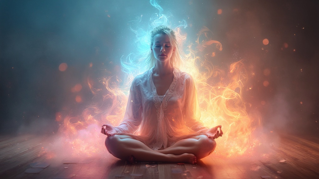 Person practicing color breathing surrounded by colorful aura