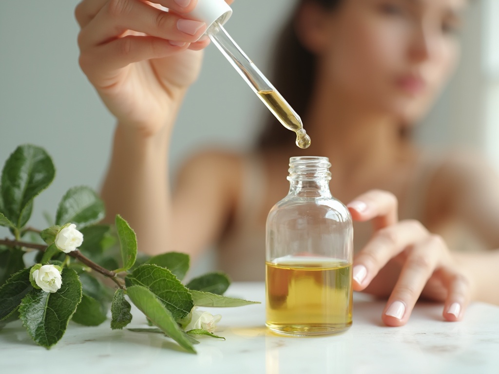 Tea tree branch, oil bottle, and person applying oil to face